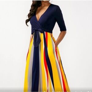eShakti Blue and Vibrant Yellow A-line‎ 3/4 sleeve Wrap Maxi Dress Size XL
